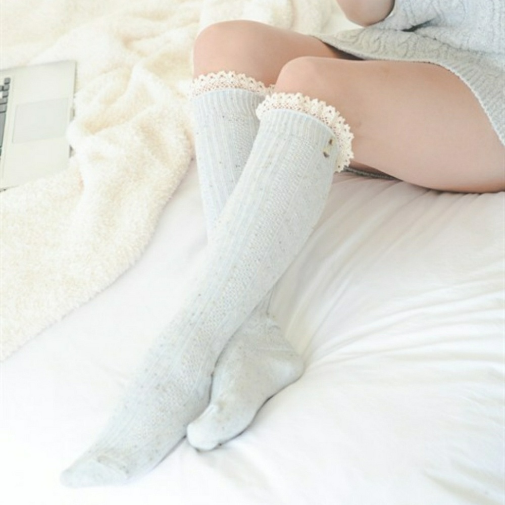 Light Gray Boot Socks With Ivory Lace Trim